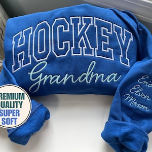 Custom Hockey Grandma Embroidered Sweatshirt/Hoodie, Custom Embroidery, Hockey Grandma, Kids Name, Sport Grandma crewneck, Grandparents gift