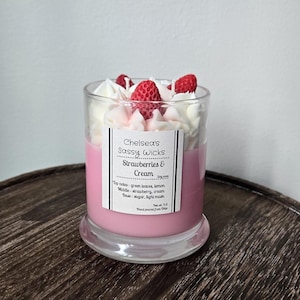 Strawberries & cream, soy wax, scented candle, whipped wax, pink, white, strawberries, red, desert candle,