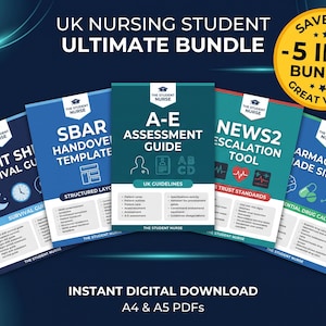 Może przedstawiać: Cyfrowy pakiet pięciu przewodników dla studentów pielęgniarstwa, w tym Night Shift Survival Guide, SBAR Handover Template, A-E Assessment Guide, NEWS2 Escalation Tool i Pharmacology Made Simple, z niebieskimi i turkusowymi okładkami.