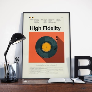 May include: A framed poster for the movie "High Fidelity" featuring a teal vinyl record on an orange background. The poster has the movie title in large white letters and the text "What came first, the music or the misery?" at the bottom.