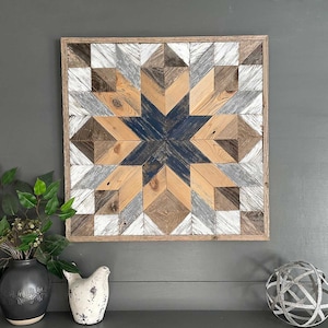 Reclaimed Wood Quilt Block-Blue Center; 24”x24”; Wall Decor; Barn Quilt; Gift for Quilter; Painted Wood Art