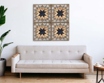 May include: A set of four square wood wall art panels with a geometric star design in shades of brown, gray, and black.