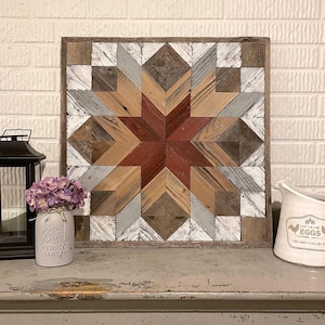 Reclaimed Wood Quilt Block–Red Center; 24”x24”; Wall Decor; Barn Quilt; Gift for Quilter; Painted Wood Art