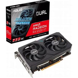 Puede incluir: Tarjeta gráfica ASUS Dual AMD Radeon RX 6500 XT con dos ventiladores, en color negro y plateado, con el logotipo de ASUS en los ventiladores y el texto AMD Radeon RX 6500 XT en la caja.