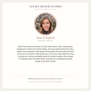 May include: A profile card for Lucky Peach Studio featuring the text Lucky Peach Studio, a circular photograph of Kate Campbell, the title Founder & Creator, and a biography detailing her background in fashion and interior design.