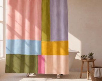 Colourblock Shower Curtain Abstract Bathroom Curtain Watercolour Stripe Curtain Modern Funky Bath Decor Pastel Bathroom