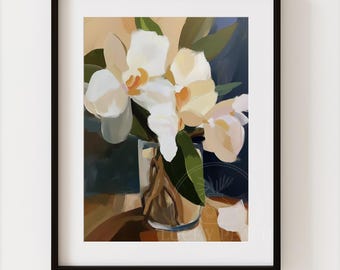 May include: A framed art print featuring a digital painting of white orchid flowers with yellow centers in a clear glass vase. The composition includes dark green leaves and visible roots within the vase, set against a dark blue and tan background.