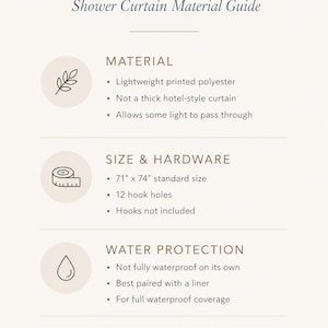 May include: An informational graphic titled BEFORE YOU BUY Shower Curtain Material Guide. It lists details about lightweight polyester material, 71 inch by 74 inch size, 12 hook holes, water protection, and printed fabric design with icons.