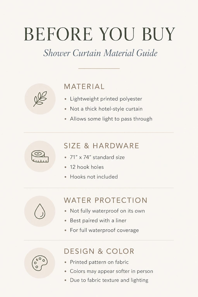 May include: An informational graphic titled BEFORE YOU BUY Shower Curtain Material Guide. It lists details about lightweight polyester material, 71 inch by 74 inch size, 12 hook holes, water protection, and printed fabric design with icons.