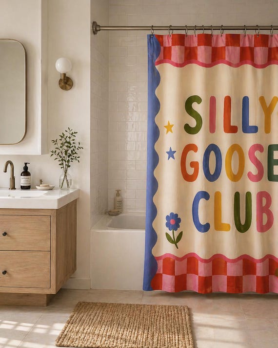 Silly Goose Shower Curtain Funky Retro Bathroom Decor Colorful Dopamine Aesthetic Kids Bathroom Curtain Playful Quirky Farmhouse Bath