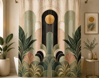 Art Deco Shower Curtain Sage Green Bathroom Decor Mid Century Modern Boho Bath Curtain Vintage Gold Sun Palm Leaf Arch Print Neutral