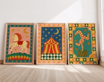 Vintage Circus Themed Art Print Set | Set of 3 Whimsical Illustrations, Eclectic Wall Art Decor Circus Poster Bundle, Digital Download A1