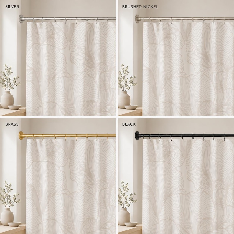 May include: A shower curtain featuring a white fabric with a subtle, light gray line-drawn ginkgo leaf pattern. The curtain is displayed on four different metal rods labeled silver, brushed nickel, brass, and black, each with matching rings.