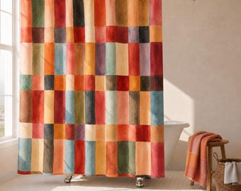 Watercolor Shower Curtain Boho Shower Curtain Colourful Bath Curtain Block Print Grid Shower Curtain Watercolor Patchwork