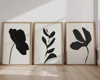 Neutral Abstract Set of 3 Prints Black And White Botanical Prints Minimalist Set of 3 Botanical Silhouette Printable Black Ink Digital Print