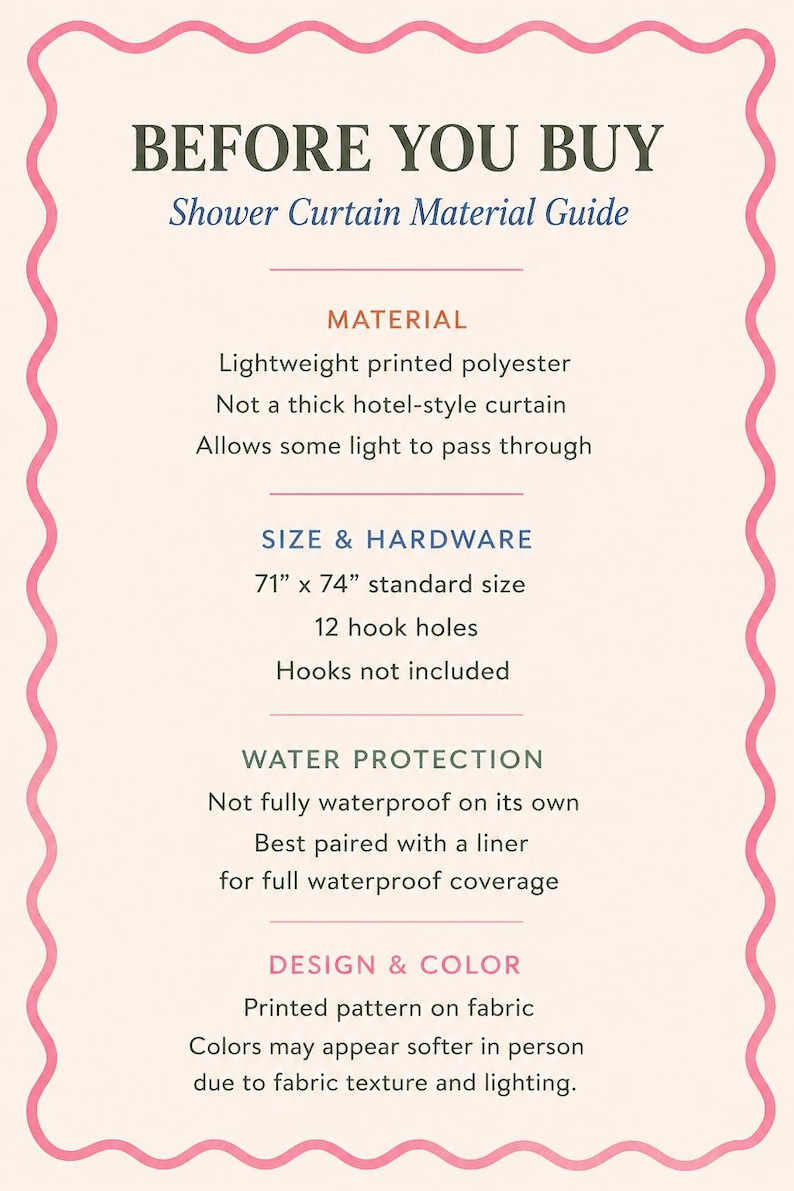May include: An informational graphic titled BEFORE YOU BUY Shower Curtain Material Guide. It lists details: lightweight printed polyester, 71" x 74" size, 12 hook holes, no hooks included, not fully waterproof, and notes on printed pattern colors.