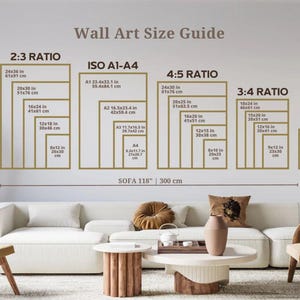 May include: A wall art size guide chart displaying various frame dimensions in inches and centimeters, categorized by ratios including 2:3, ISO A1-A4, 4:5, 3:4, and 11x14, positioned above a white sofa with a 118 inch length reference line.