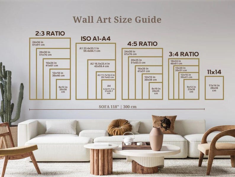 May include: A wall art size guide chart displaying various frame dimensions in inches and centimeters, categorized by ratios including 2:3, ISO A1-A4, 4:5, 3:4, and 11x14, positioned above a white sofa with a 118 inch length reference line.