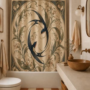 Cortina de chuveiro Art Nouveau com estampa de andorinha, estilo vintage, floral, para banheiro. Cortina com lírio-do-vale e motivos botânicos.