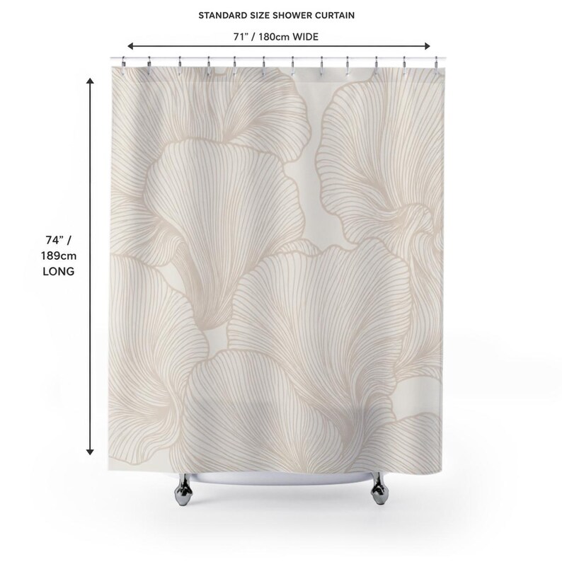 May include: A shower curtain featuring a beige and white line art pattern of large, overlapping petal shapes. The text STANDARD SIZE SHOWER CURTAIN is at the top. Dimensions are 71 inches wide by 74 inches long, indicated by measurement arrows.