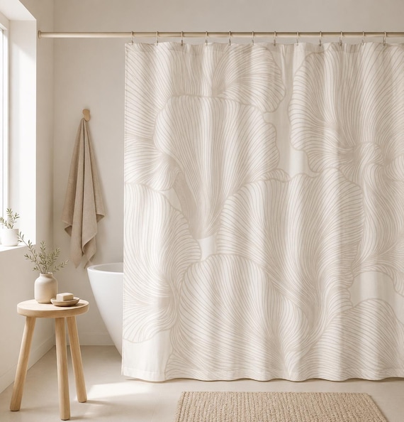 Scandinavian Shower Curtain Neutral Botanical Bathroom Curtain Organic Modern Floral Decor Japandi Bathroom Wabi Sabi Bath Style