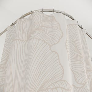 May include: A white shower curtain featuring a large-scale, repeating ginkgo leaf pattern in a soft beige line-art style. The curtain is suspended from a curved, polished silver metal rod by a series of matching silver metal shower curtain rings.