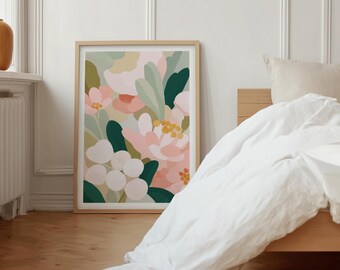 Kwiatowa sztuka ścienna w kolorze zielonym i różowym, abstrakcyjna sztuka ścienna z motywem botanicznym, plakat z kwiatami, plakat artystyczny giclée (plakat bez ramki)