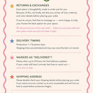 May include: A cream-colored informational sign with a pink scalloped border featuring the text FREQUENTLY ASKED QUESTIONS. It includes sections for Returns & Exchanges, Delivery Timing, Marked as Delivered, and Shipping Address with colorful star icons.