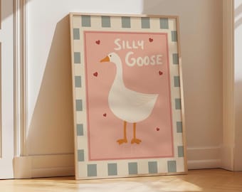 Children's Silly Goose Nursery Print  Pastel Farm Animal Art Illustration  Cute Goose Poster Digital Download Printable JPEG PNG Quirky Wall