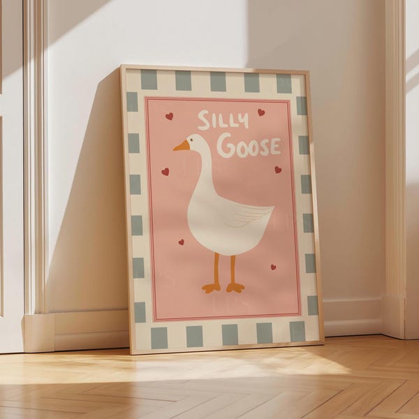 Children's Silly Goose Nursery Print  Pastel Farm Animal Art Illustration  Cute Goose Poster Digital Download Printable JPEG PNG Quirky Wall