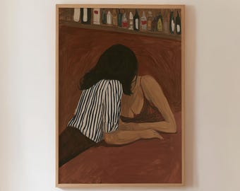 May include: A framed painting depicts a person with dark hair wearing a black and white striped shirt, leaning on a reddish-brown bar counter. Behind them, a shelf displays various bottles. The artwork uses visible brushstrokes and warm tones.