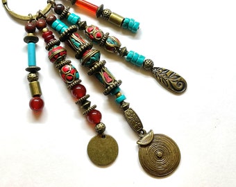 Tibetan Beaded Purse Charm Key Chain Zipper Pull, Coral Turquoise Enamel, Tribal Ethnic, Carnelian, Jasper, Bronze, Horn, Lobster Claw Clasp