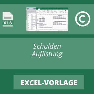 May include: A green and white graphic with the text "Schulden Auflistung" and "EXCEL-VORLAGE". The graphic also includes a file icon labelled "XLS" and a copyright symbol.
