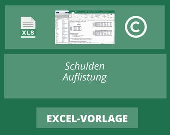 Könnte beinhalten: Eine grüne und weiße Grafik mit dem Text "Schulden Auflistung" und "EXCEL-VORLAGE". Die Grafik enthält außerdem ein Dateisymbol mit der Bezeichnung "XLS" und ein Copyright-Symbol.