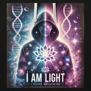 May include: A hoodie with a cosmic design. The image shows a figure with a split face, a glowing lotus flower, and the text "I AM LIGHT - DIVINE AWAKENING". The design incorporates DNA strands and celestial elements.