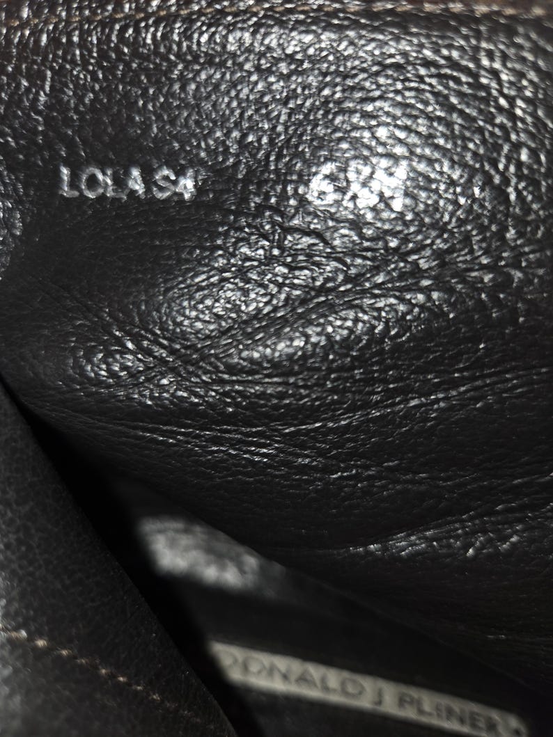May include: Close-up of a black leather shoe interior. The text "LOLA S4" is visible, along with the size "6M". The brand name "DONALD J PLINER" is also present. The leather has a textured appearance.