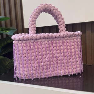 Sac au crochet avec franges de perles, modèle PDF, sac à main en fil de t-shirt épais, sac à main adapté aux débutants, tutoriel de sac au crochet de perles, crochet facile