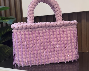 Crochet Bag with Beads Fringes PDF Pattern, Chunky T Shirt Yarn Purse, Beginner Friendly Handbag, Beaded Crochet Bag Tutorial, Easy Crochet