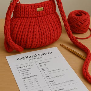 Pode incluir: Uma bolsa vermelha de croch&ecirc; feita &agrave; m&atilde;o com al&ccedil;as tran&ccedil;adas, uma bola de fio vermelho e uma agulha de croch&ecirc;. Uma folha de padr&atilde;o intitulada "Bag Royal Pattern" tamb&eacute;m est&aacute; presente, sugerindo um projeto DIY. A bolsa tem uma pequena etiqueta de metal.