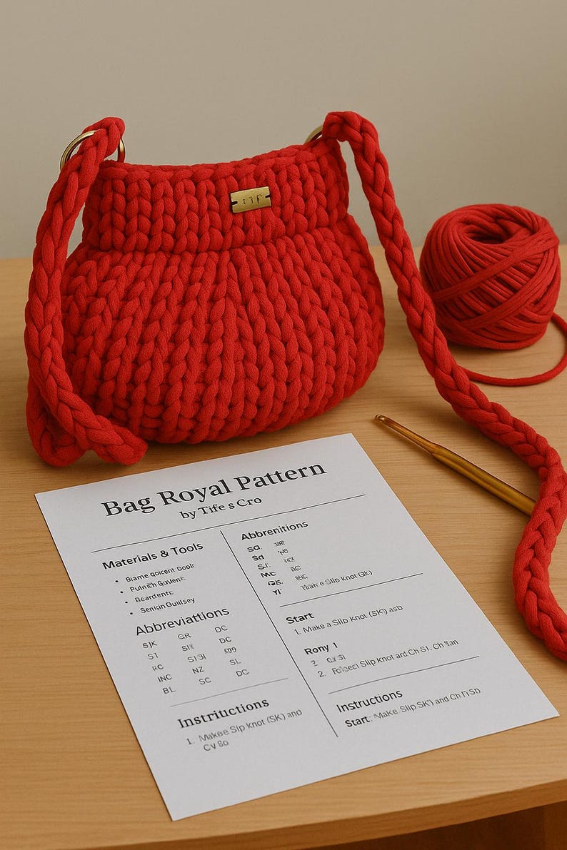 Pode incluir: Uma bolsa vermelha de croch&ecirc; feita &agrave; m&atilde;o com al&ccedil;as tran&ccedil;adas, uma bola de fio vermelho e uma agulha de croch&ecirc;. Uma folha de padr&atilde;o intitulada "Bag Royal Pattern" tamb&eacute;m est&aacute; presente, sugerindo um projeto DIY. A bolsa tem uma pequena etiqueta de metal.