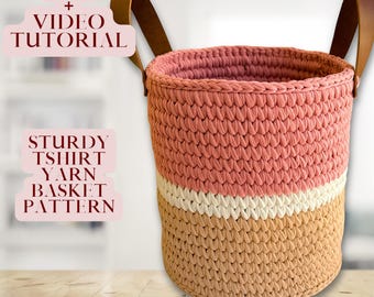 Crochet Basket Pattern: T-Shirt Yarn Storage with Leather Handles (PDF Pattern + Video Tutorial