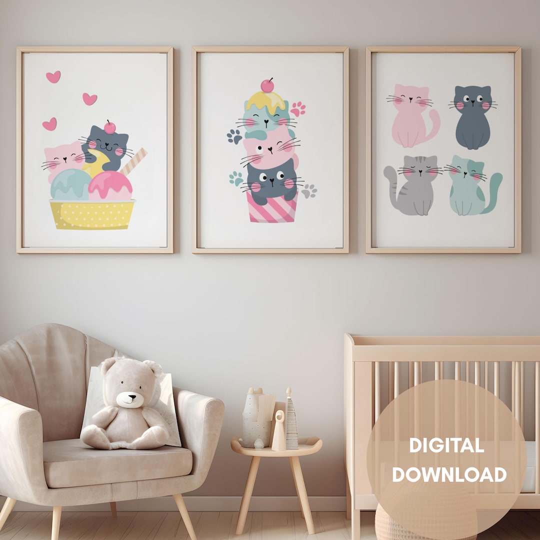 Set of 3 Cute Kittens Digital Wall Art Decor for Nursery| Printable Cat ...