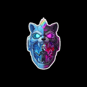 May include: A digital art sticker featuring a split-faced raccoon head with a rainbow mohawk. One side is blue and robotic, the other is black and glitching. Inside, a raccoon figure stands with glowing hands. Text reads "MY MIND" and "SPLIT SIGNAL".