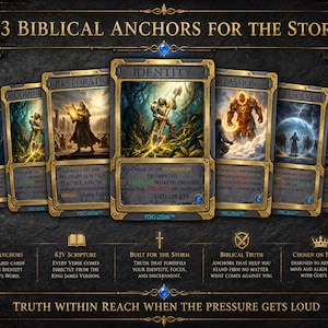 May include: A collection of 33 Biblical Anchor cards, featuring gold frames and detailed illustrations. Each card has a unique title, such as "Identity" and "Passion", with supporting text. The cards are designed to strengthen identity through God's word.