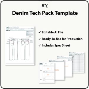 Puede incluir: Una plantilla de paquete técnico de mezclilla con un dibujo de línea de jeans, una hoja de especificaciones y el texto "Archivo AI editable", "Listo para usar en producción" y "Incluye hoja de especificaciones".