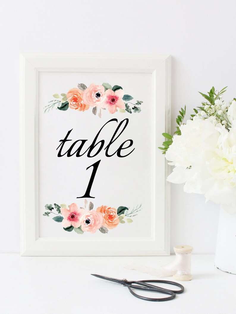Floral Table Numbers Digital Printable Table Number Wedding Table