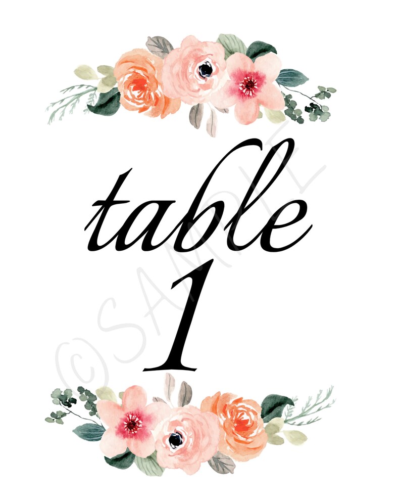 Floral Table Numbers Digital Printable Table Number Wedding Table