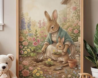 May include: A framed wall art print featuring a light brown rabbit wearing a blue cardigan, gardening with a smaller rabbit in a flower-filled garden. The illustration includes pink and yellow flowers, a trowel, and a small terracotta pot.