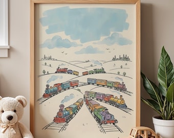 May include: A framed wall art print featuring a whimsical illustration of multiple colorful steam trains traveling on intersecting tracks across a rolling landscape under a light blue sky with soft clouds, presented in a light wood frame.