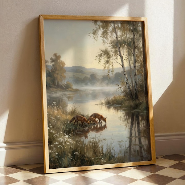 Vintage Fox Family Painting, Misty Forest Landscape Wall Art, Cottagecore Pond Print Woodland Animal Rustic Country Decor Calm Nature Poster